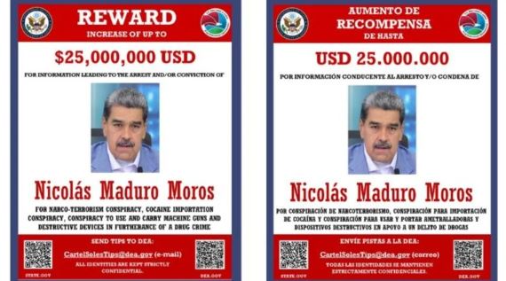 EUA oferecem até US$ 25 milhões por informações que levem à prisão de Maduro EUA oferecem até US$ 25 milhões por informações que levem à prisão de Maduro